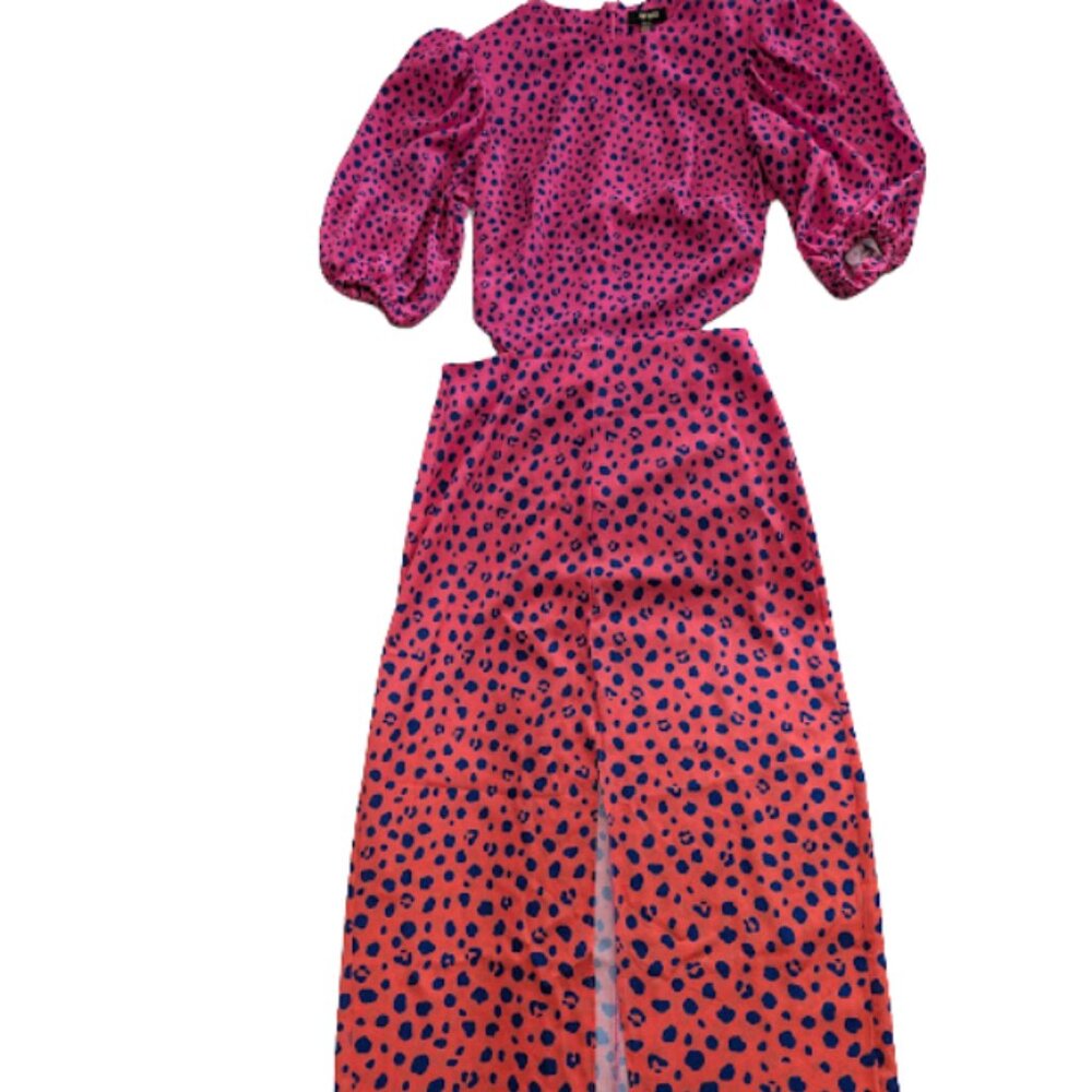 AFRM Liza Puff Sleeve Cutout Midi Dress | Pink Ombre Leopard | XS